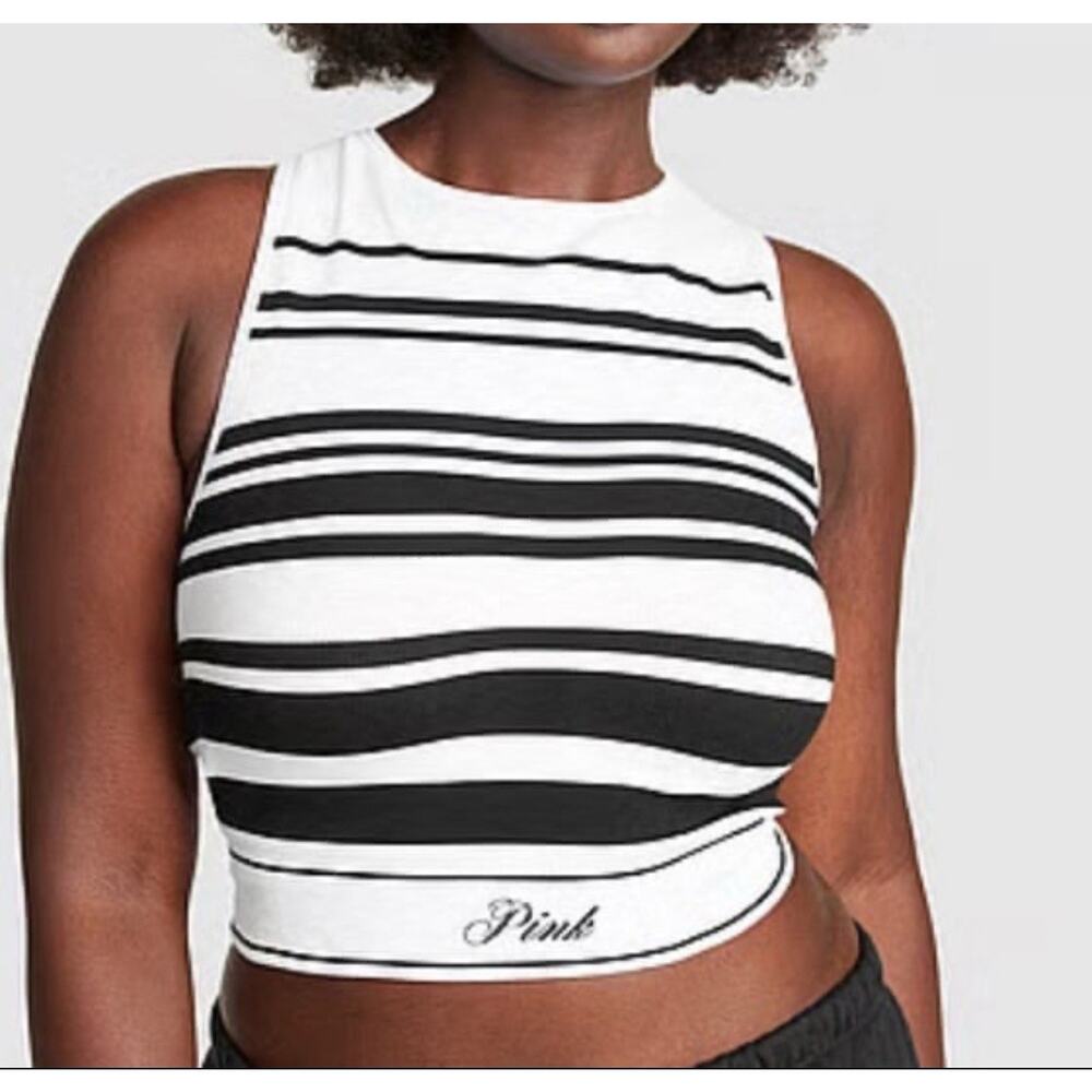 PINK Victoria's Secret Black and White Ribbed Halter Logo Band Sports Bra Sz M